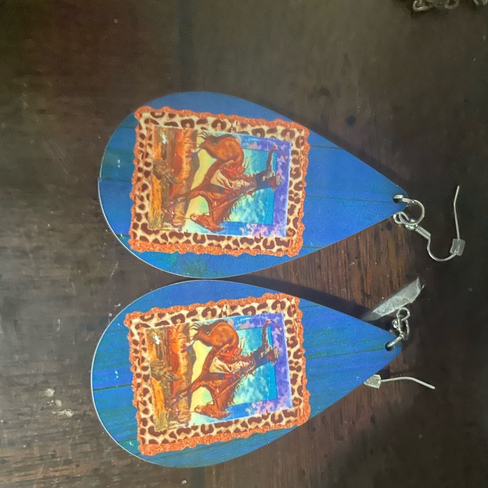 Blue Teardrop Earrings with Animal Print